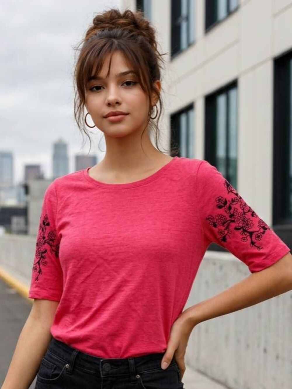 🔺️Loft Red & Black Embroidered Short Sleeve Linen Top Medium